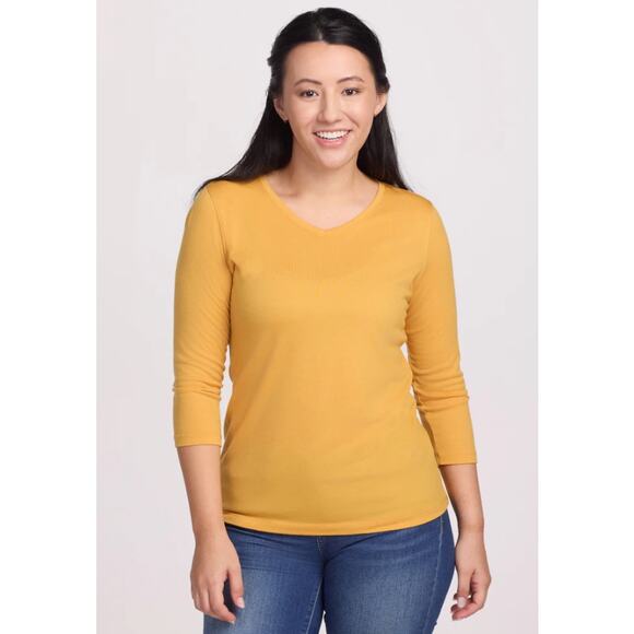 Woolx Women's size Medium Elena Gold Yellow Merino Wool V-neck Tee T-shirt 3/4 - Picture 1 of 8